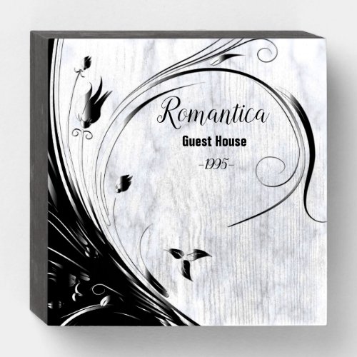 White Marble Black Filigree Graphic Wooden Box Sign