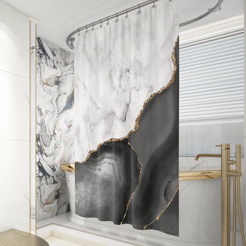 White Marble Black Gold Agate Shower Curtain