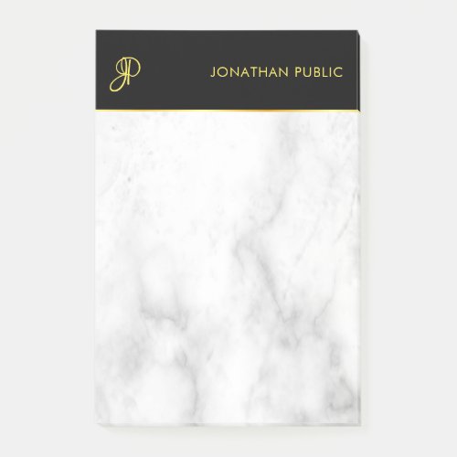 White Marble Black Gold Elegant Monogram Template Post_it Notes