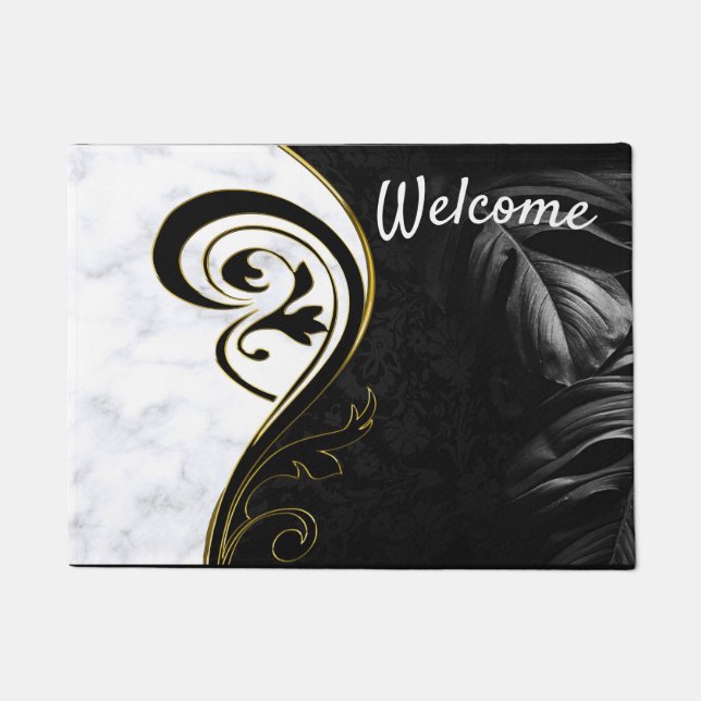 White Marble, Black, Gold Filigree Doormat (Front)