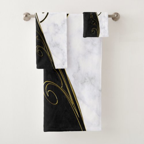 White Marble Black Gold Filigree Graphic Bath Towel Set