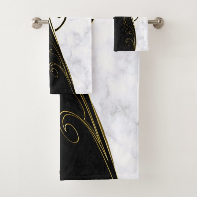White Marble, Black, Gold Filigree Graphic Bath Towel Set (Insitu)