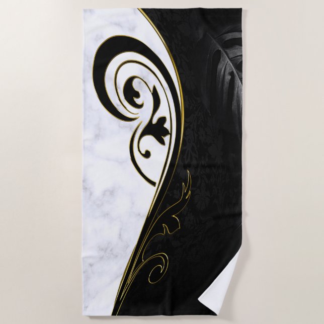 White Marble, Black, Gold Filigree Graphic Beach Towel (Front)