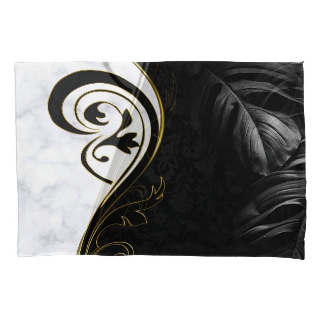 White Marble, Black, Gold Filigree Graphic Pillow Case (Front)