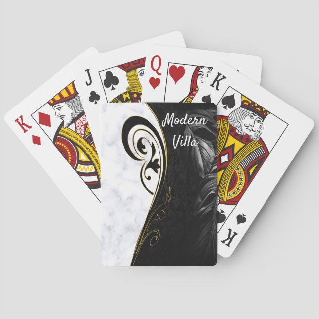 White Marble, Black, Gold Filigree Graphic Poker Cards (Back)
