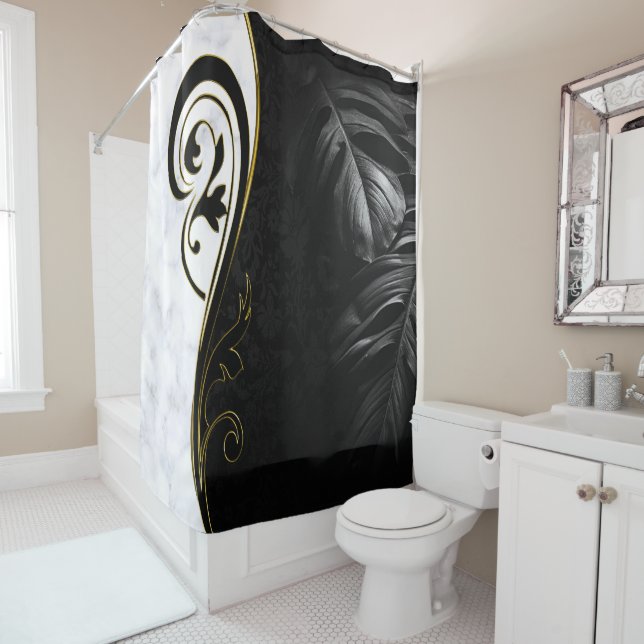 White Marble, Black, Gold Filigree Graphic Shower Curtain (In Situ)