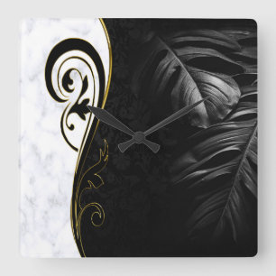 White Marble, Black, Gold Filigree Graphic Square Wall Clock