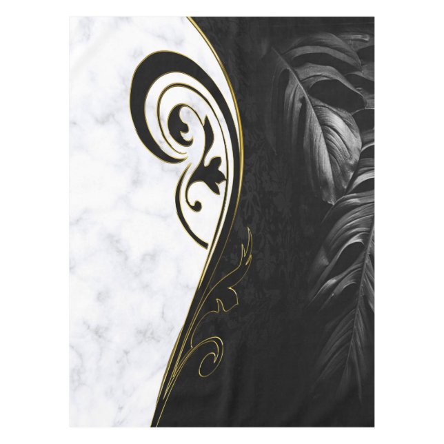 White Marble, Black, Gold Filigree Graphic Tablecloth (Front)