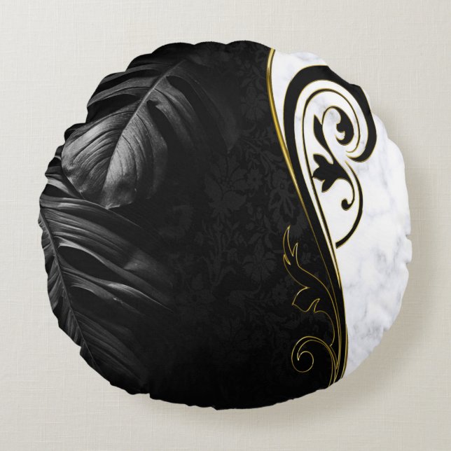 White Marble, Black, Gold Filigree Round Pillow (Front)