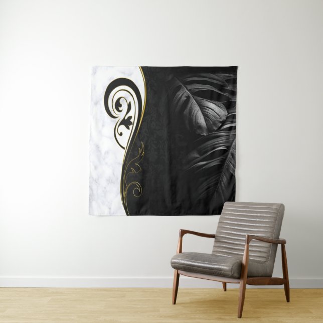 White Marble,Black,Gold Filigree Tapestry (In Situ)