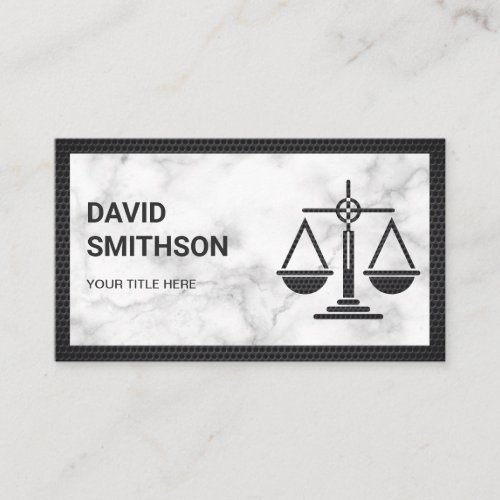 White Marble Black Justice Scale Lawyer Attorney Business Card