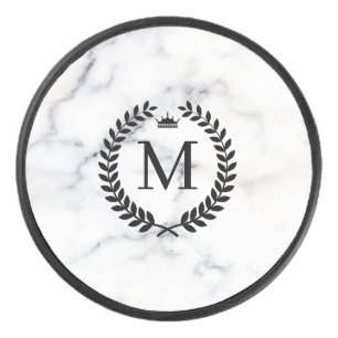 White Marble Black Laurel Wreath Monogram Hockey Puck