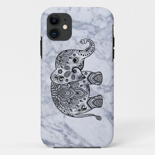 White Marble  Black Paisley Elephant iPhone 11 Case