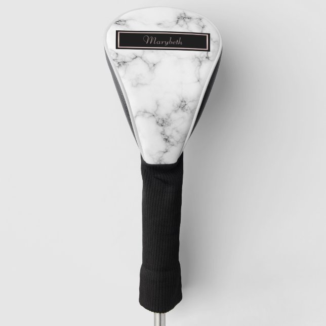 White Marble Black Silver Monogrammed Name Golf Head Cover (Front)