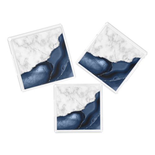 White Marble Blue Agate Silver Glitter Square Set Acrylic Tray