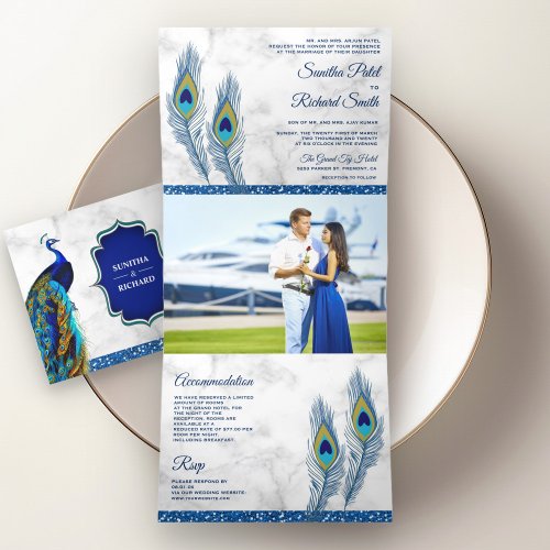 White Marble Blue Indian Peacock Feathers Wedding Tri_Fold Invitation