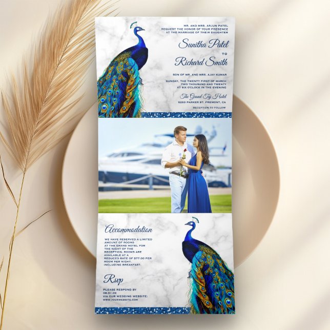 White Marble Blue Indian Peacock Wedding Tri-Fold Invitation (Creator Uploaded)