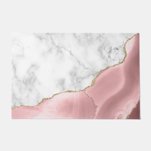 White Marble Blush Pink Agate Gold Glitter Doormat