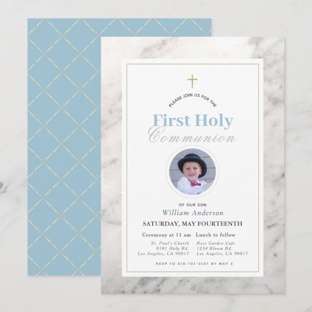 White Marble Boy Photo First Holy Communion Invitation (Front/Back)