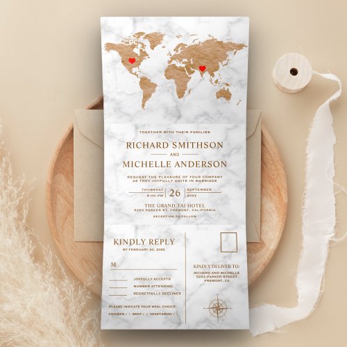 White Marble Bronze World Map All in One Wedding Tri_Fold Invitation