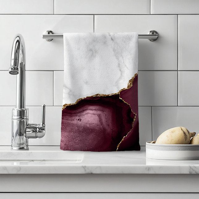 White Marble Burgundy Agate Gold Glitter Hand Towel (Creator Uploaded)