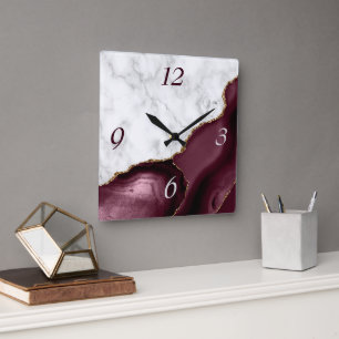 White Marble Burgundy Agate Gold Glitter Square Wall Clock
