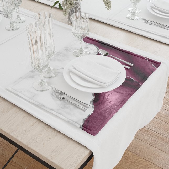 White Marble Burgundy Agate Silver Glitter Cloth Placemat (Creator Uploaded)