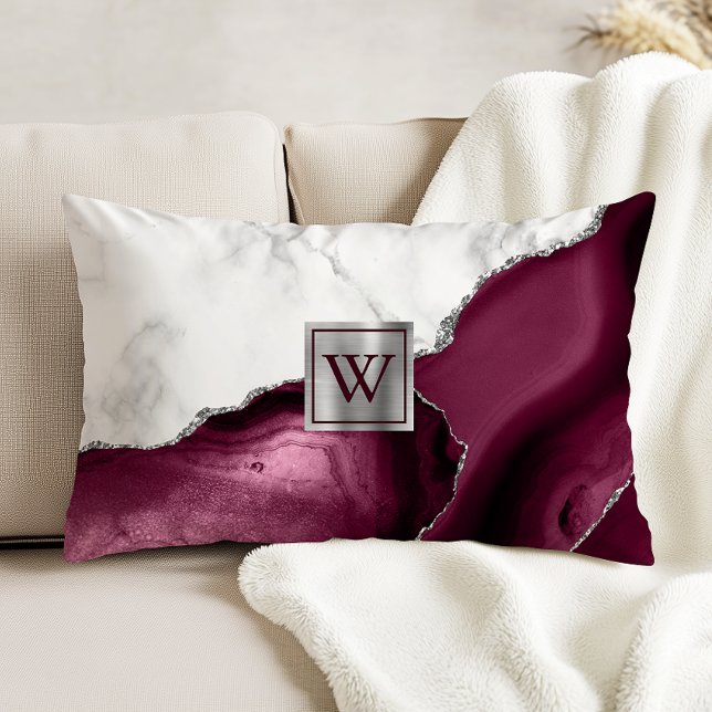 White Marble Burgundy Agate Silver Monogram Accent Pillow (Creator Uploaded)