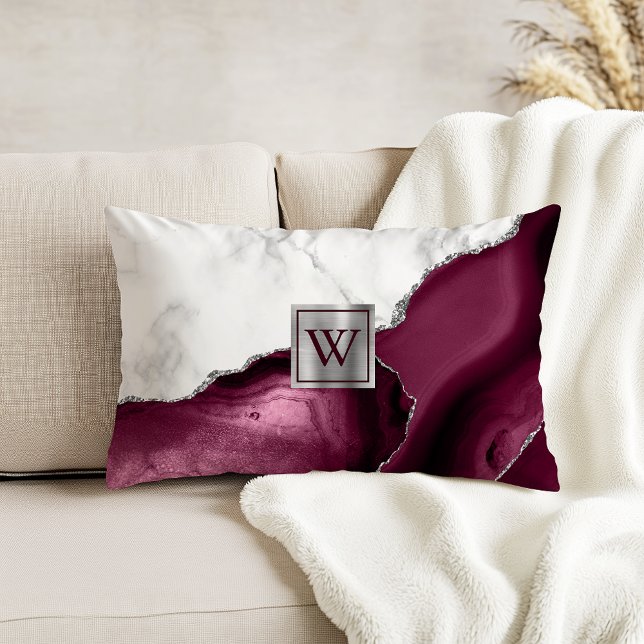 White Marble Burgundy Agate Silver Monogram Accent Pillow (Creator Uploaded)