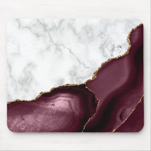 White Marble Burgundy Gold Agate Mouse Pad