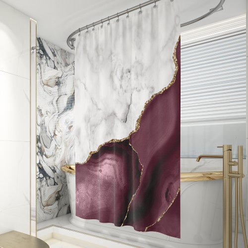 White Marble Burgundy Gold Agate Shower Curtain