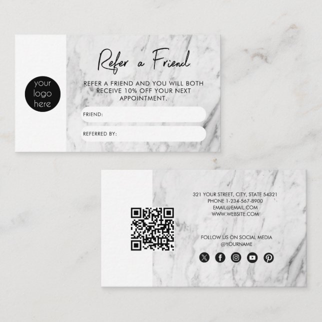 White Marble Business Refer A Friend Referral Card (Front/Back)