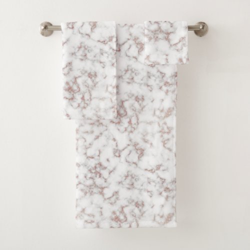 White Marble Carrara Rose Gold Glitter Texture Bath Towel Set