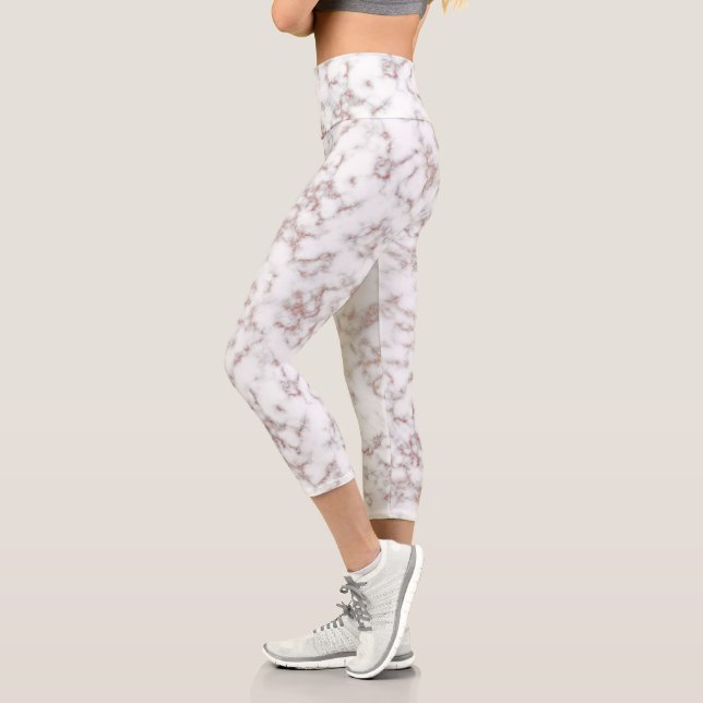 White Marble Carrara Rose Gold Glitter Texture Capri Leggings (Left)