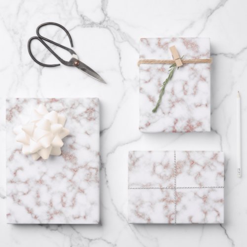 White Marble Carrara Rose Gold Glitter Texture Wrapping Paper Sheets