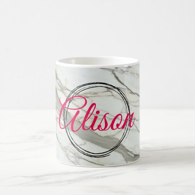 White marble chic fuchsia design custom name  coffee mug (Center)