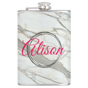 White marble chic fuchsia design custom name flask