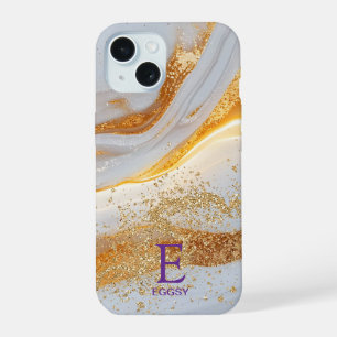White marble chic gold glitter monogram iPhone 15 case