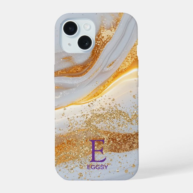 White marble chic gold glitter monogram iphone case (Back)