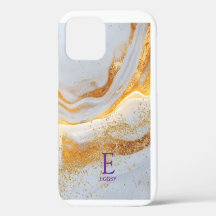 White marble chic gold glitter monogram