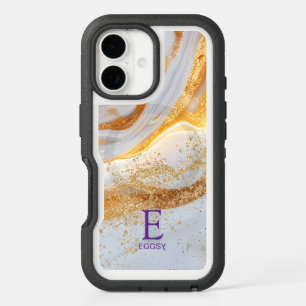 White marble chic gold glitter monogram iPhone 16 case