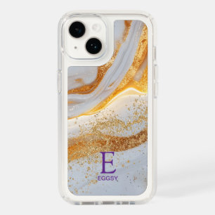 White marble chic gold glitter monogram speck iPhone 14 case