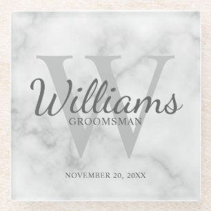 White Marble Classic Script Personalized Groomsmen Glass Coaster