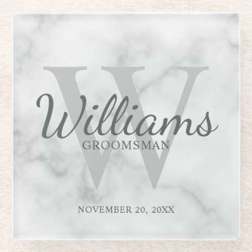 White Marble Classic Script Personalized Groomsmen Glass Coaster