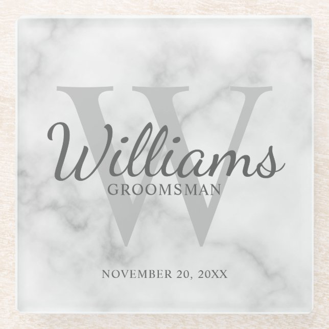 White Marble Classic Script Personalized Groomsmen Glass Coaster (Front)