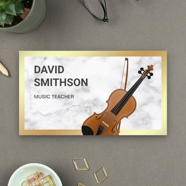 White Marble Classy Violin Music Teacher Violinist Business Card (Creator Uploaded)