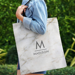 White Marble Cool Silver Gold Modern Monogram Tote Bag