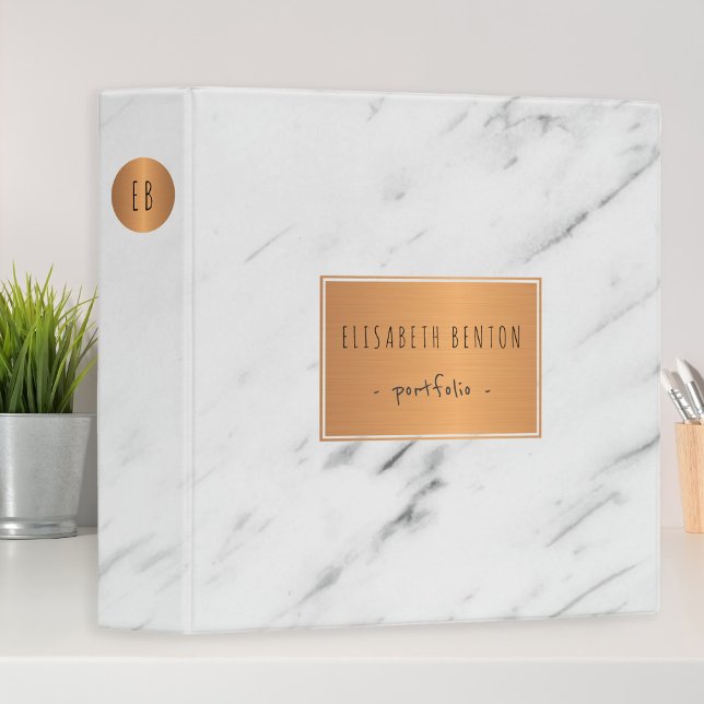 White marble copper geometric trendy portfolio 3 ring binder (Creator Uploaded)