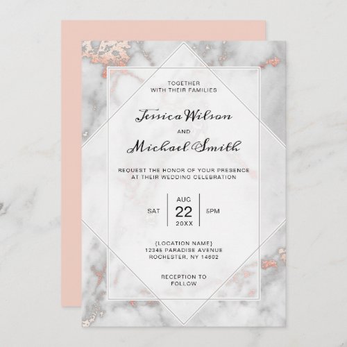 White Marble Coral Pink Elegant Rose Gold Wedding Invitation