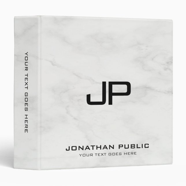 White Marble Customize Monogram Initial Elegant 3 Ring Binder (Front/Spine)